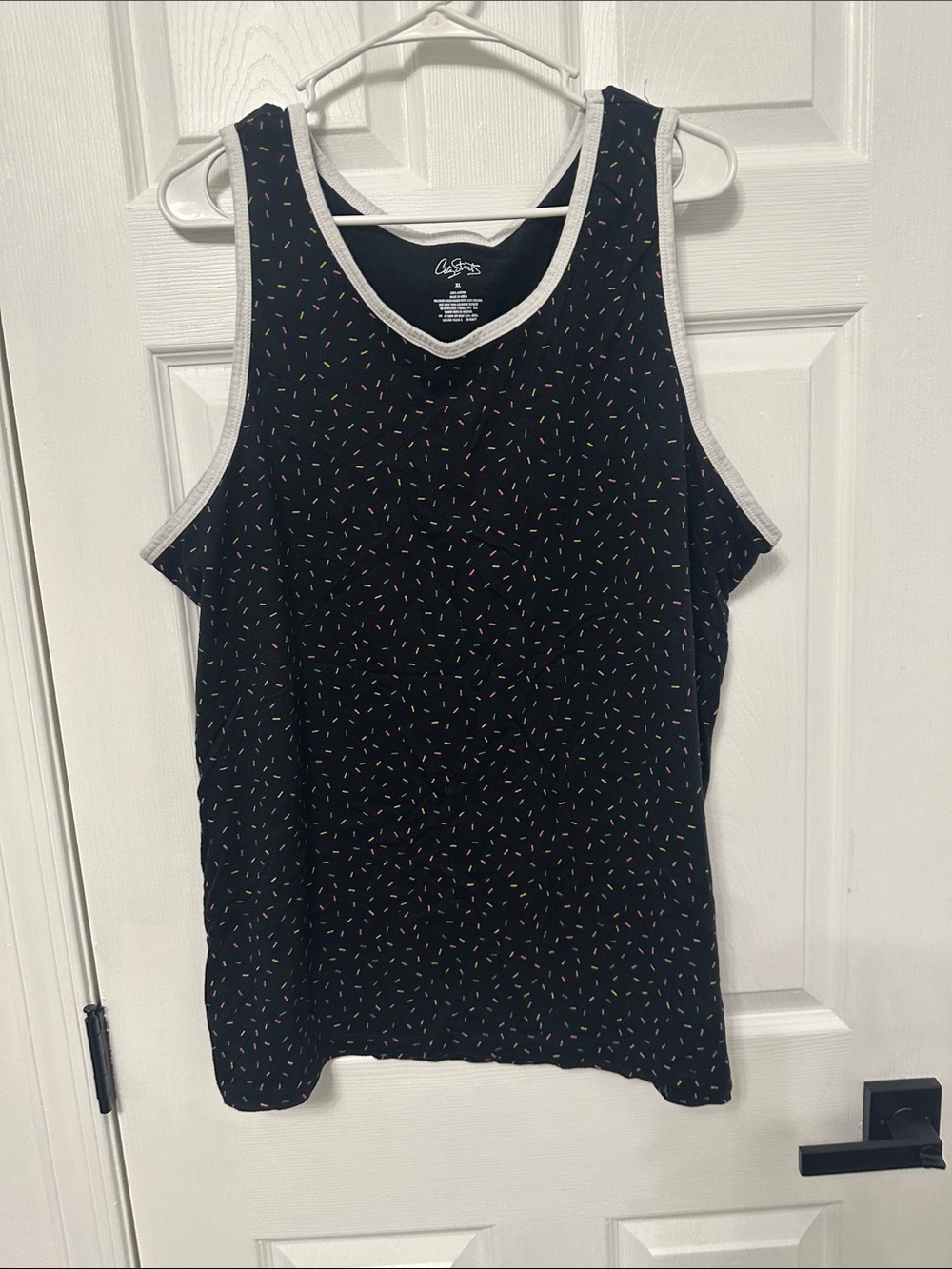 Black Tank Top with White Trim and Multicolor Sprinkle Accents